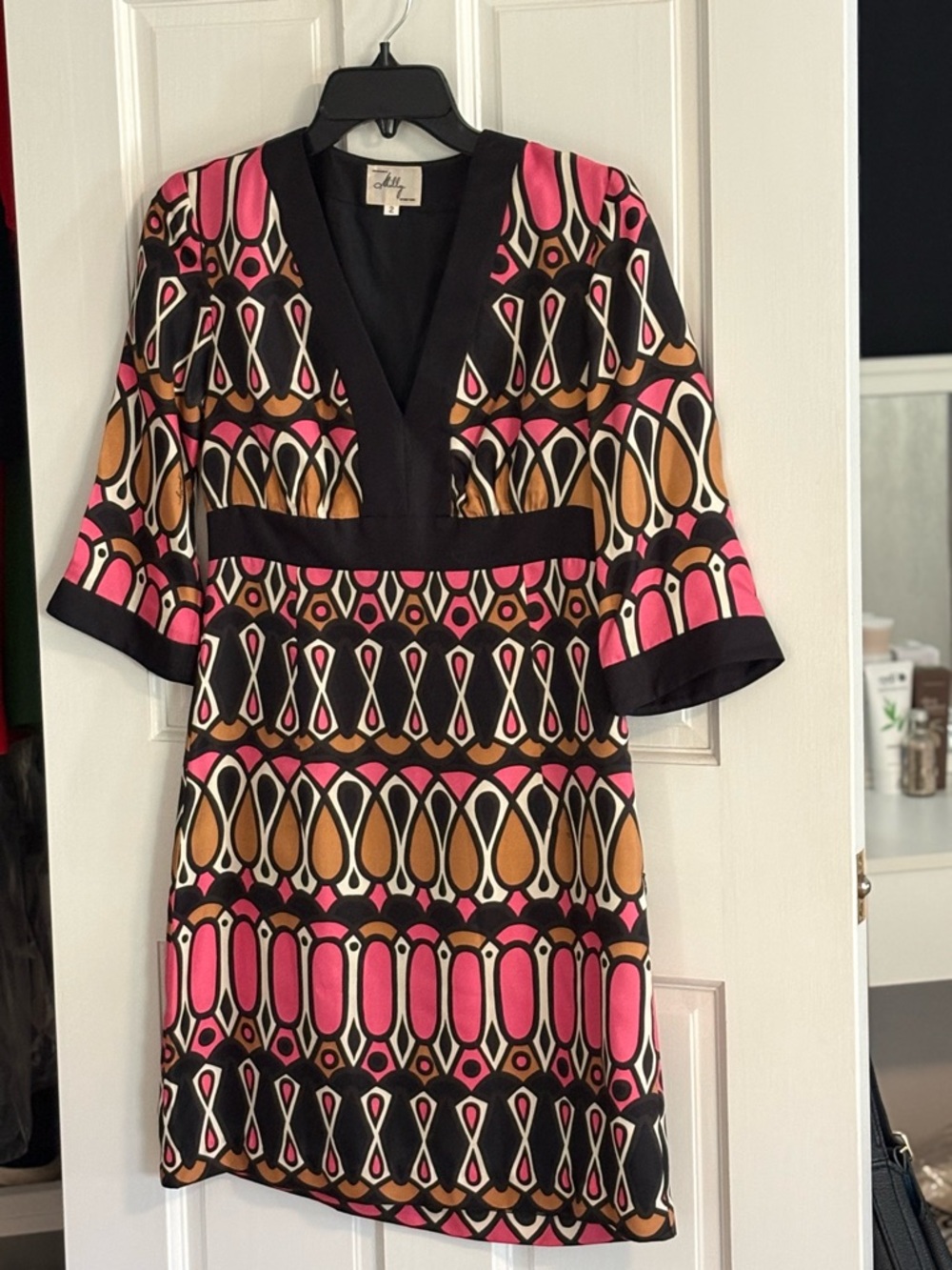 Milly Pink, Tan & Black Geometric V-Neck Mini Dress